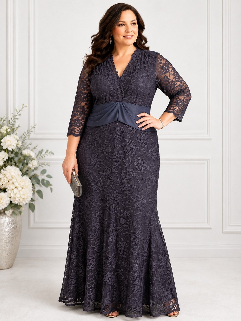 Kiyonna 3X Gunmetal Gray Lace Formal Gown Mother of Bride Wedding Guest Formal